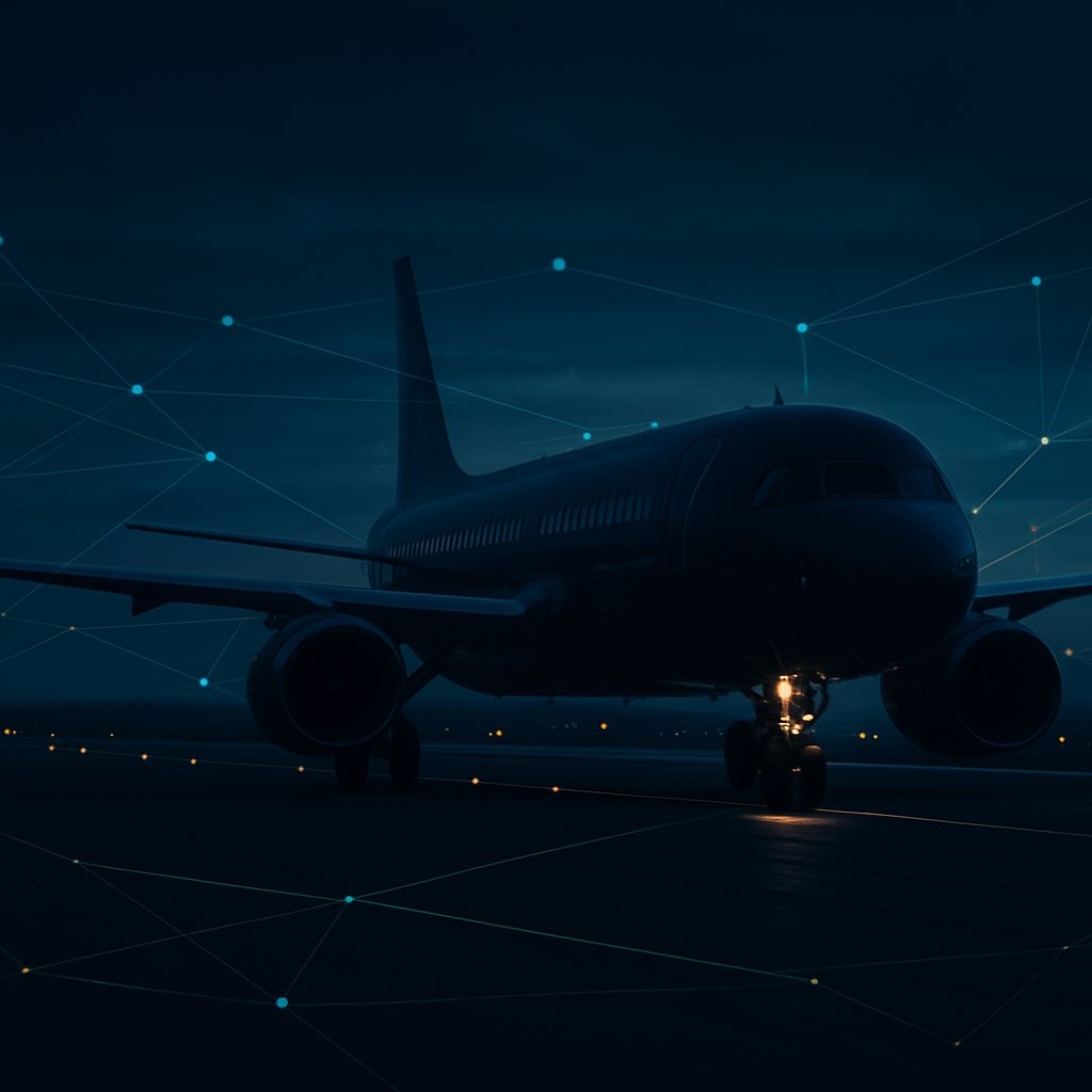 AI-augmented aviation security environment at dusk