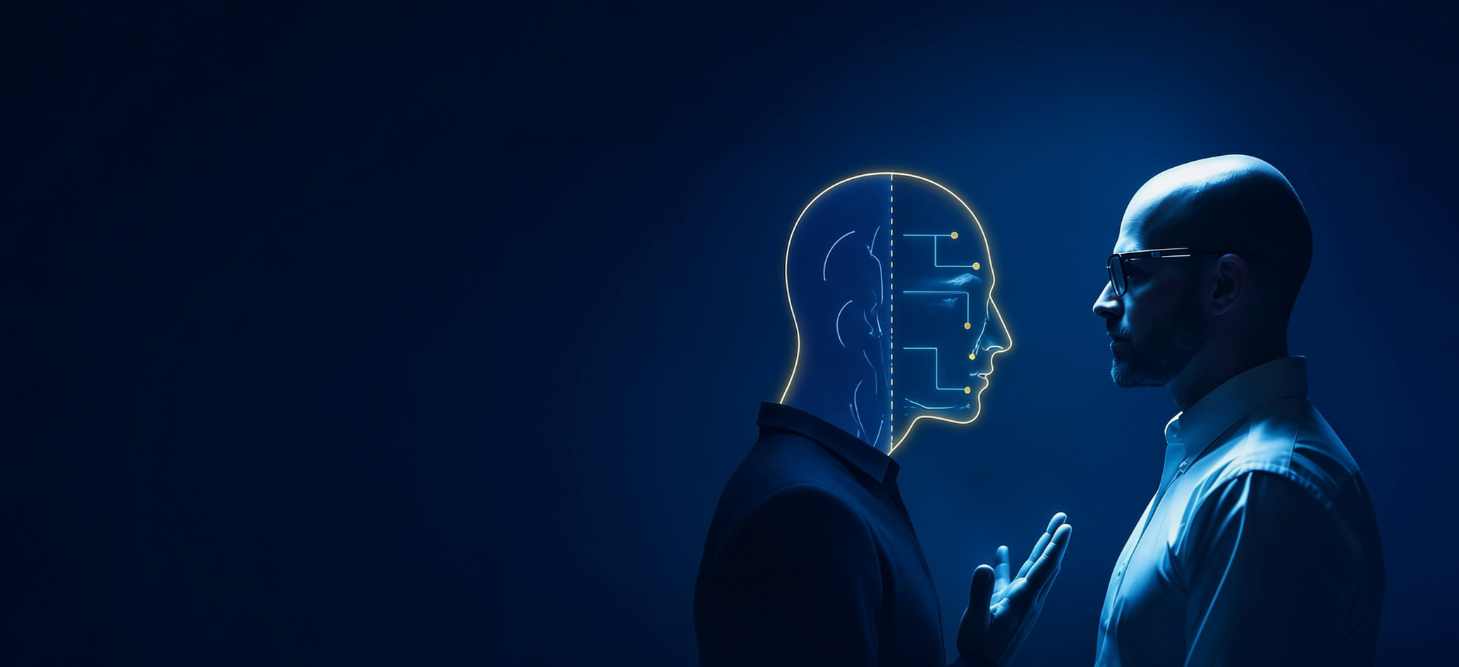 A leader facing a glowing half-human, half-AI head — human judgement meeting machine scale